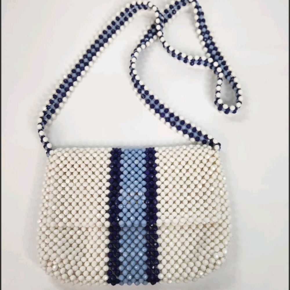 Isaac Mizrahi Handbag Beaded Blue & White Crossbody Bag Resort Euro Vacation